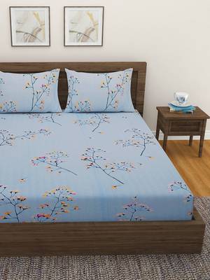 Floral print         Cotton Fitted Double Bedsheet with   Pillow Covers   Blue 1