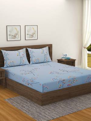 Floral print         Cotton Fitted Double Bedsheet with   Pillow Covers   Blue 2