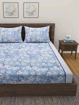 Floral print    Cotton Extra Large Double Bedsheet with   Pillow Covers   Blue 1