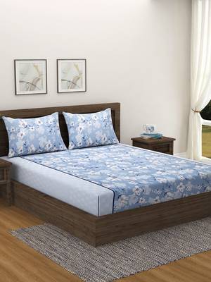 Floral print    Cotton Extra Large Double Bedsheet with   Pillow Covers   Blue 2