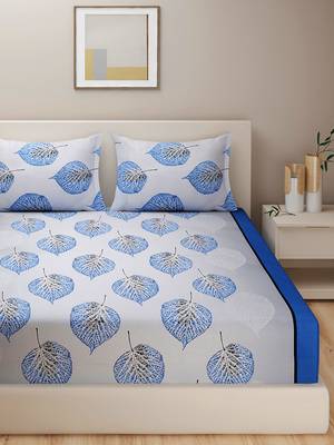 Floral print    Cotton Extra Large Double Bedsheet with   Pillow Covers   Blue 1