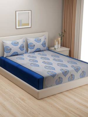 Floral print    Cotton Extra Large Double Bedsheet with   Pillow Covers   Blue 2