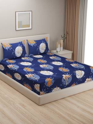 Floral print  40  Cotton Fitted Double Bedsheet with   Pillow Covers   Navy Blue 1