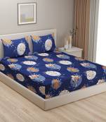 Floral print  40  Cotton Fitted Double Bedsheet with   Pillow Covers   Navy Blue