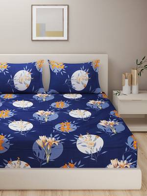 Floral print  40  Cotton Fitted Double Bedsheet with   Pillow Covers   Navy Blue 2