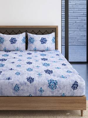 Ethnic print  40  Cotton Extra Large Double Bedsheet with   Pillow Covers  Blue 1