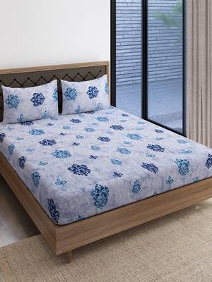 Ethnic print  40  Cotton Extra Large Double Bedsheet with   Pillow Covers  Blue 2
