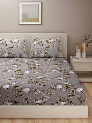 Floral print  40  Cotton Extra Large Double Bedsheet with   Pillow Covers   Grey 2