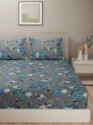 Floral print  40      Cotton Fitted Double Bedsheet with   Pillow Covers   Grey 1