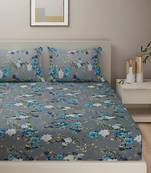 Floral print  40      Cotton Fitted Double Bedsheet with   Pillow Covers   Grey