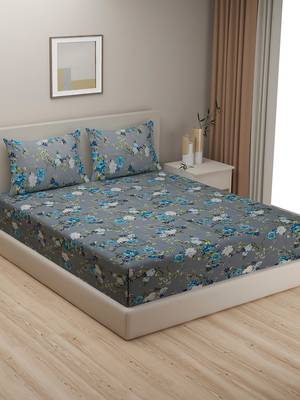 Floral print  40      Cotton Fitted Double Bedsheet with   Pillow Covers   Grey 2