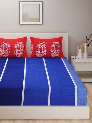 Striped print  40      Cotton Double Bedsheet with   Pillow Covers   Blue 1