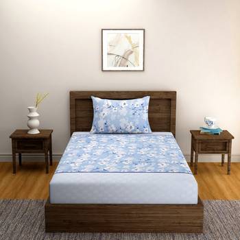 Floral design    Cotton Single Bedsheet With   Pillow Cover   Blue 2
