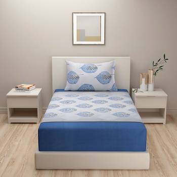 Floral design    Cotton Single Bedsheet With   Pillow Cover   Blue 2
