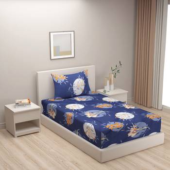 Floral design  40      Cotton Single Bedsheet With   Pillow Cover   Navy Blue 1