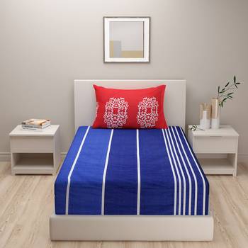 Striped design  40      Cotton Single Bedsheet With   Pillow Cover   Blue 2