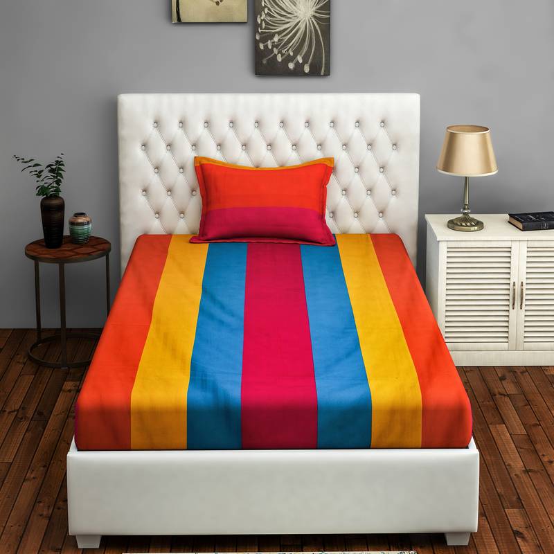 40  Stripes Print Cotton Single Bed Sheet with   Pillow Cover   Yellow  Pink