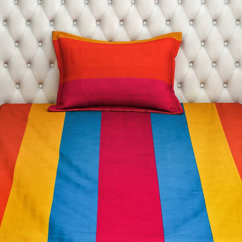40  Stripes Print Cotton Single Bed Sheet with   Pillow Cover   Yellow  Pink