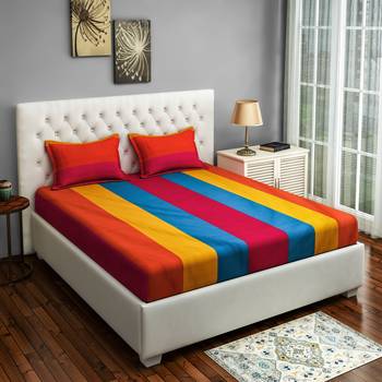 40  Stripes Print Cotton Double Bed Sheet with   Pillow Cover   Yellow  Pink 1