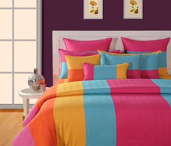 40  Stripes Print Cotton Double Bed Sheet with   Pillow Cover   Yellow  Pink 6
