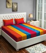 40  Stripes Print Cotton Fitted Double Bed Sheet with   Pillow Cover   Yellow  Pink