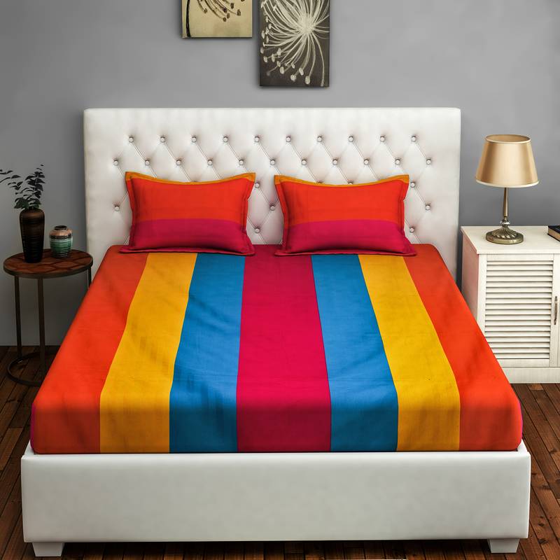 40  Stripes Print Cotton Fitted Double Bed Sheet with   Pillow Cover   Yellow  Pink