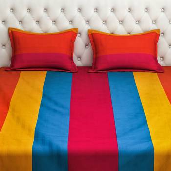 40  Stripes Print Cotton Fitted Double Bed Sheet with   Pillow Cover   Yellow  Pink 3