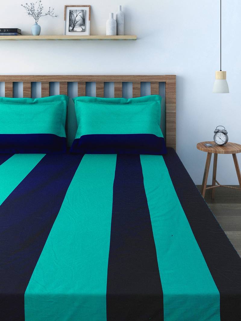 40  Stripes Print Cotton Fitted Double Bed Sheet with   Pillow Cover   Blue  Green