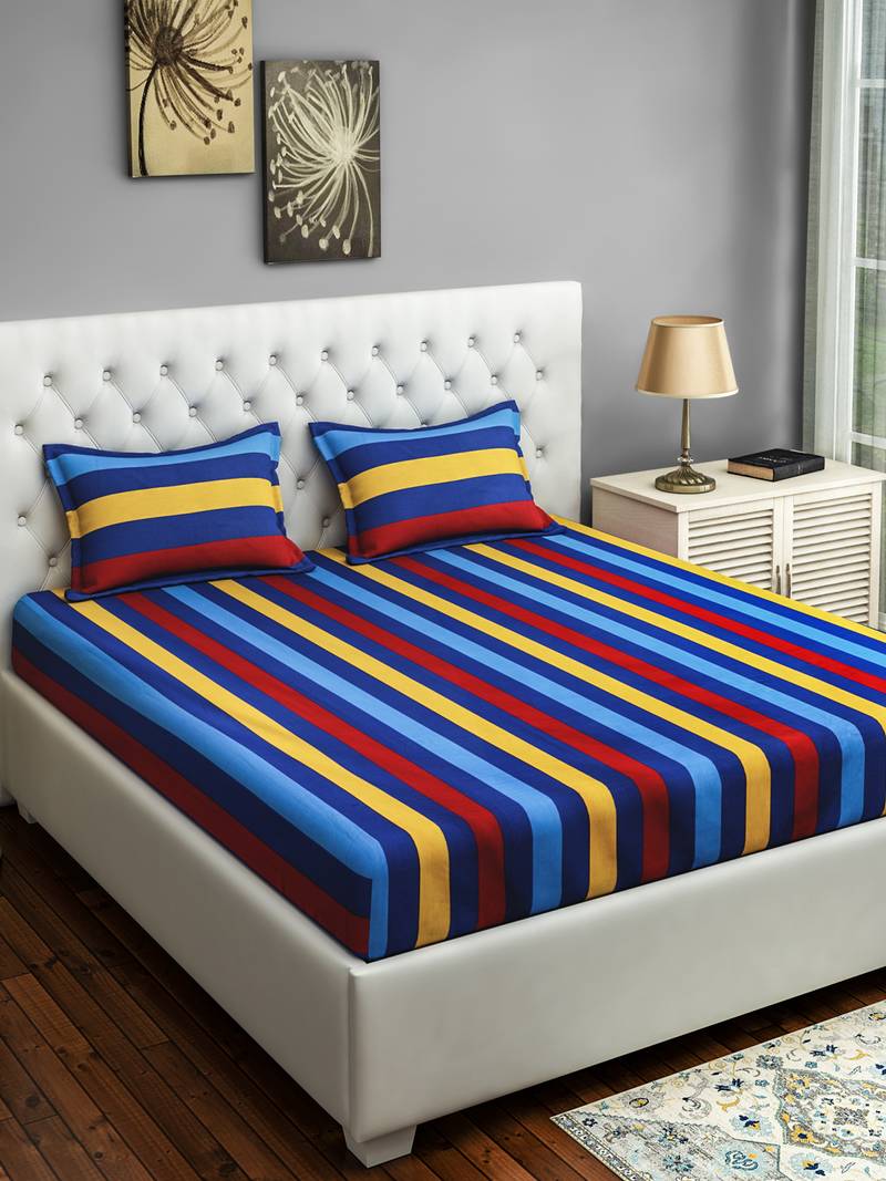 40  Stripes Print Cotton Double Bed Sheet with   Pillow Cover   Blue  Yellow