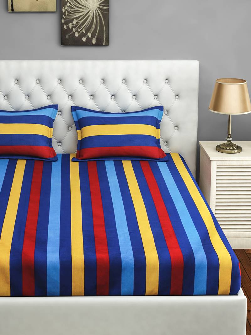 40  Stripes Print Cotton Double Bed Sheet with   Pillow Cover   Blue  Yellow