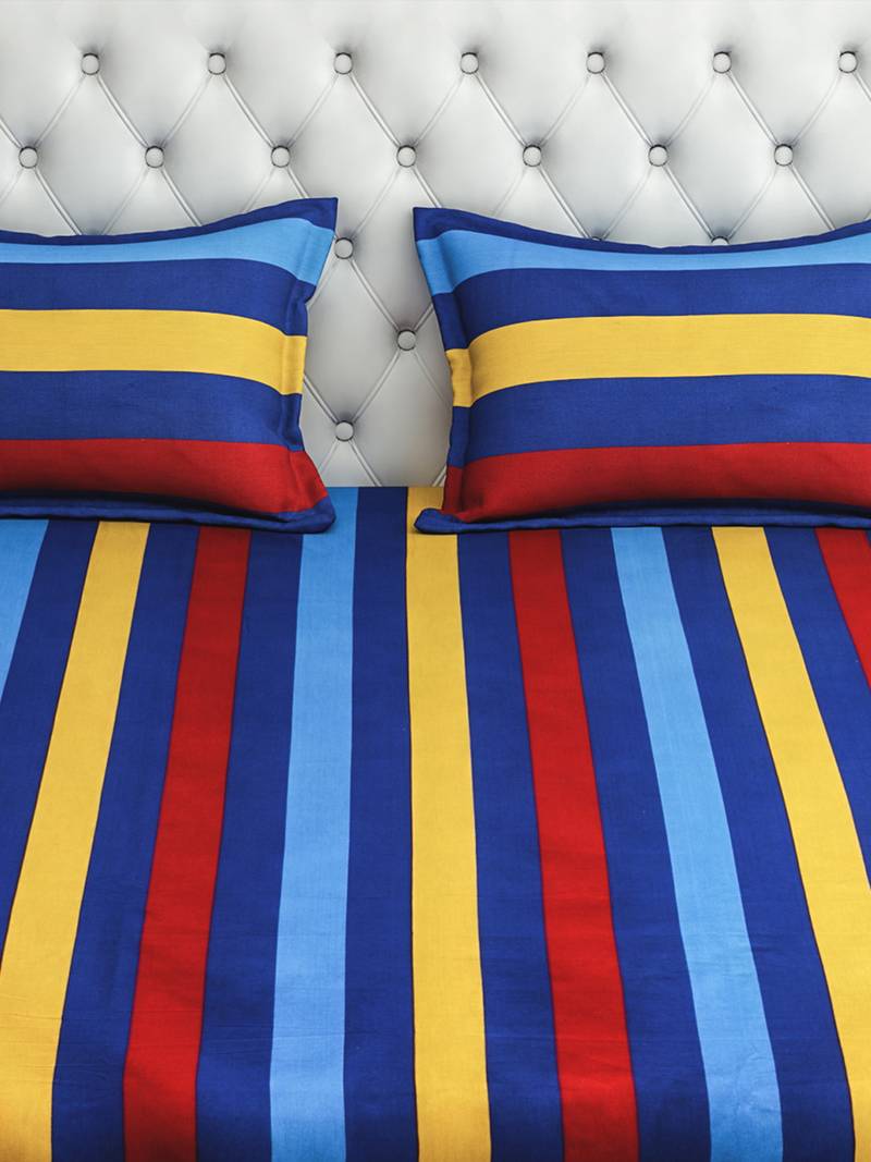 40  Stripes Print Cotton Extra Large Bed Sheet with   Pillow Cover   Blue  Yellow