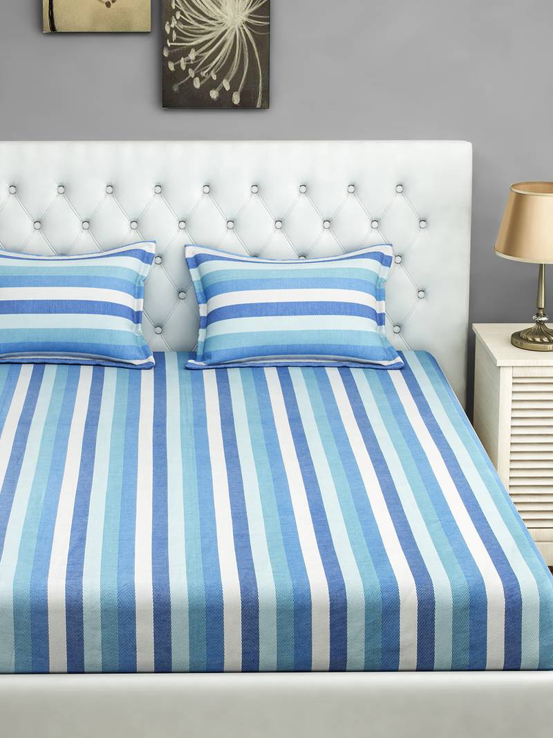 40  Stripe Print Cotton Double Bed Sheet with   Pillow Cover   Multicolorcolour