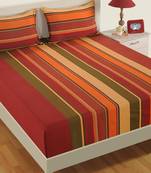 40  Stripes Print Cotton Fitted Double Bed Sheet with   Pillow Cover   Burgundy  Brown