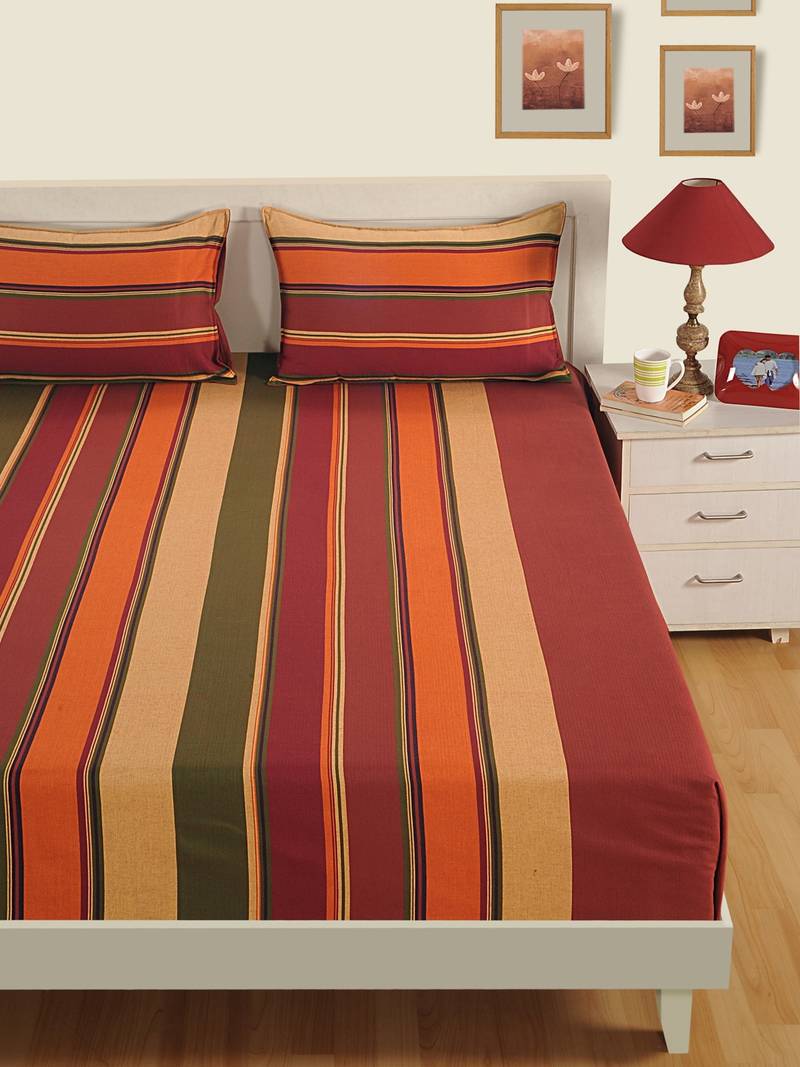 40  Stripes Print Cotton Fitted Double Bed Sheet with   Pillow Cover   Burgundy  Brown