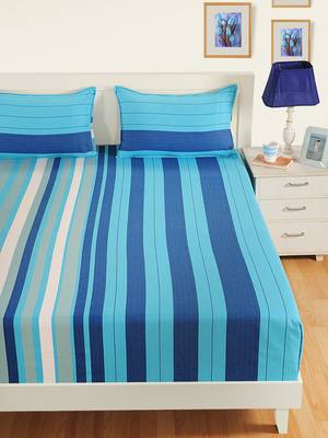 40  Stripes Print Cotton Fitted Double Bed Sheet with   Pillow Cover   Blue  Navy Blue 2