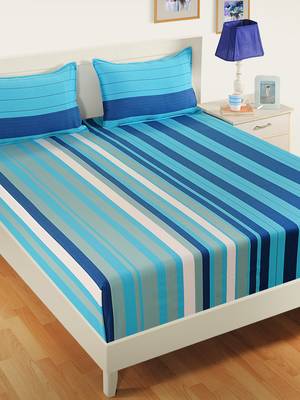 40  Stripes Print Cotton Extra Large Bed Sheet with   Pillow Cover   Blue  Navy Blue 1