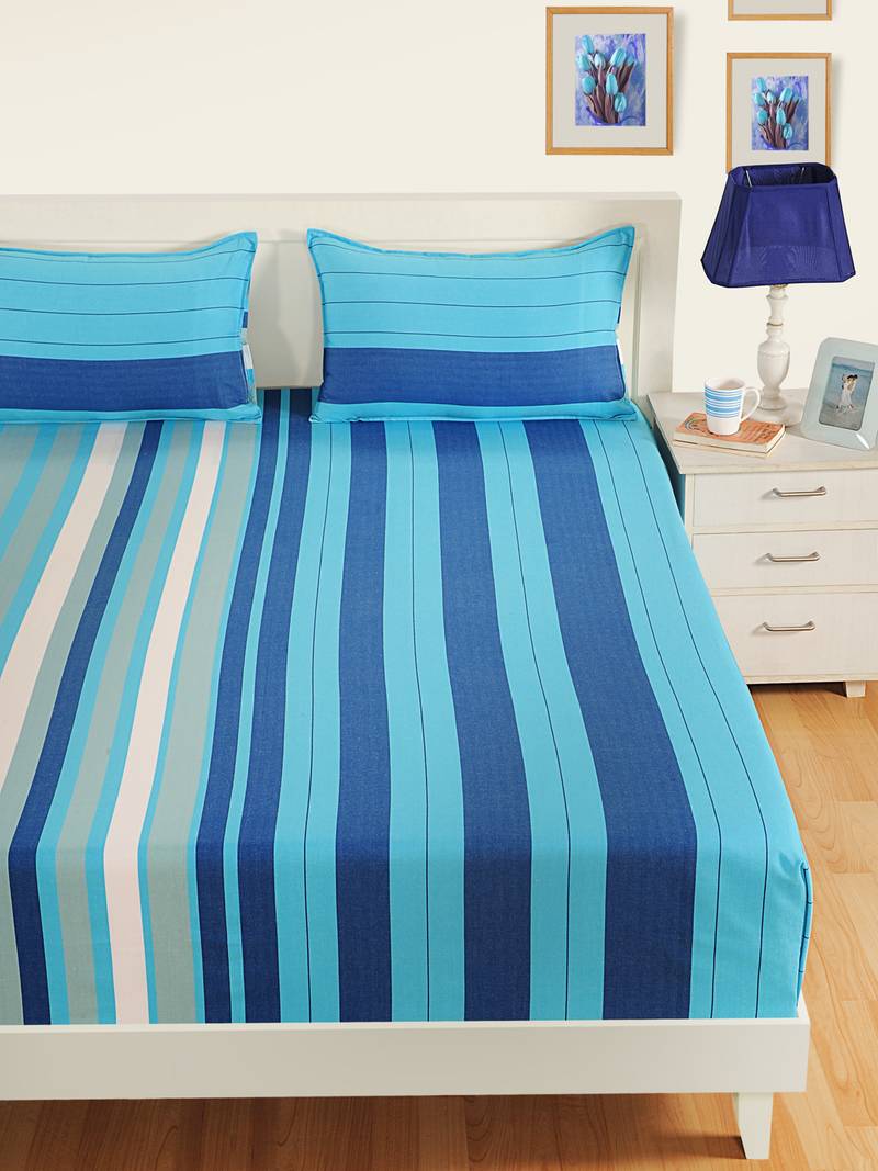 40  Stripes Print Cotton Extra Large Bed Sheet with   Pillow Cover   Blue  Navy Blue