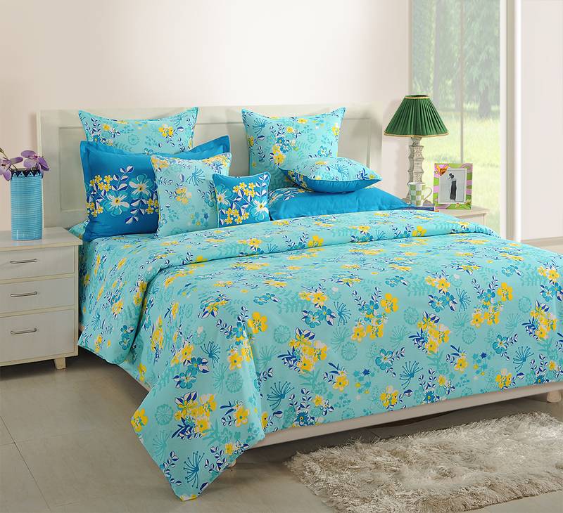 0  Floral Print Cotton Single Bed Sheet with   Pillow Cover   Turquoise  Yellow