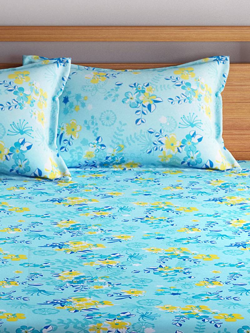 0  Floral Print Cotton Extra Large Bed Sheet with   Pillow Cover   Turquoise  Yellow
