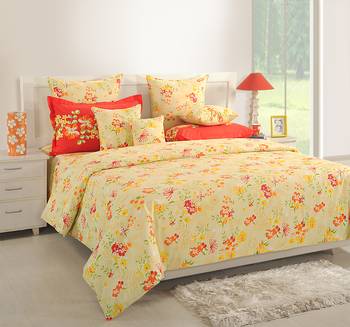 0  Floral Print Cotton Double Bed Sheet with   Pillow Cover   Orange  Yellow 1