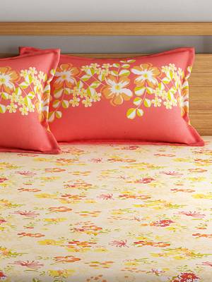 0  Floral Print Cotton Double Bed Sheet with   Pillow Cover   Orange  Yellow 2
