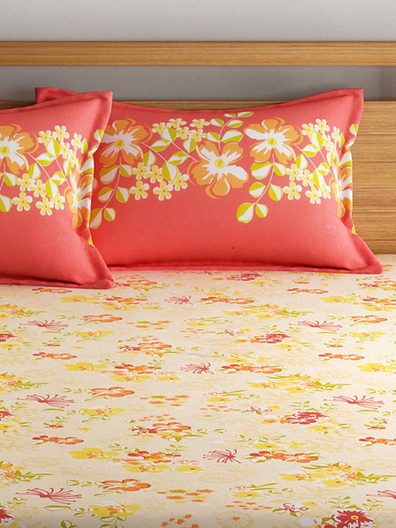 0  Floral Print Cotton Extra Large Bed Sheet with   Pillow Cover   Orange  Yellow