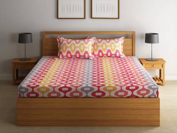 0  Geometric Print Cotton Single Bed Sheet with   Pillow Cover   Orange  White 1
