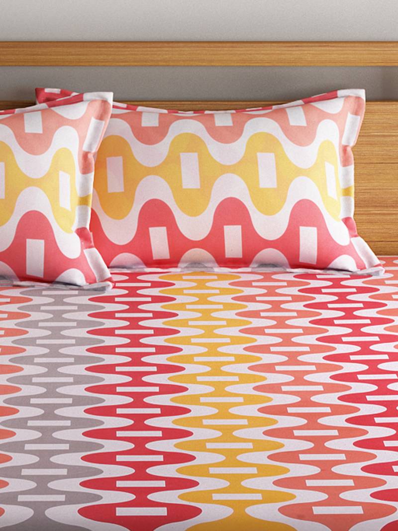 0  Geometric Print Cotton Single Bed Sheet with   Pillow Cover   Orange  White