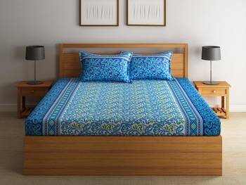 0  Floral Print Cotton Single Bed Sheet with   Pillow Cover   Navy Blue  Blue 1