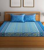 0  Floral Print Cotton Double Bed Sheet with   Pillow Cover   Navy Blue  Blue