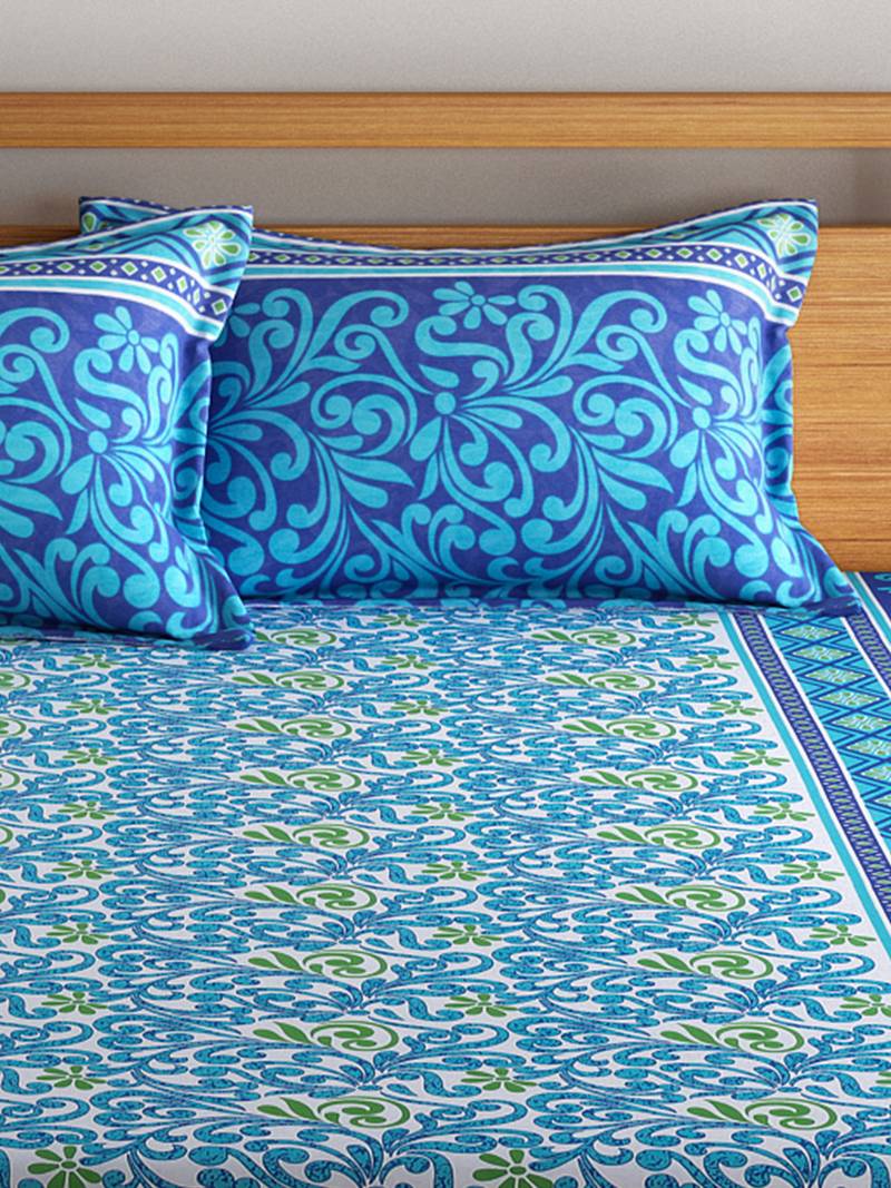 0  Floral Print Cotton Double Bed Sheet with   Pillow Cover   Navy Blue  Blue