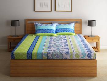 0  Motifs Print Cotton Fitted Double Bed Sheet with   Pillow Cover   Blue  Off White 1