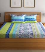 0  Motifs Print Cotton Fitted Double Bed Sheet with   Pillow Cover   Blue  Off White