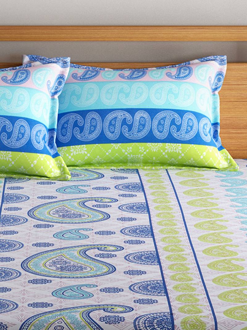 0  Motifs Print Cotton Fitted Double Bed Sheet with   Pillow Cover   Blue  Off White